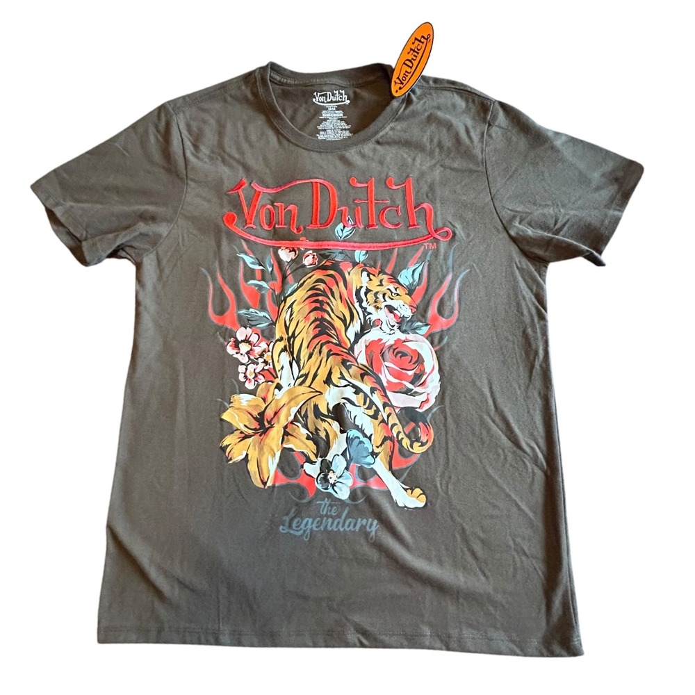Von Dutch Mens Tiger Flame Graphic T-Shirt Brown Red Embroidered Logo Medium NEW